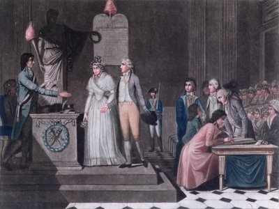 عمدة إجراء زواج جمهوري خلال فترة الثورة الفرنسية ، ج 1795 (نقش ملون) بواسطة ليجراند